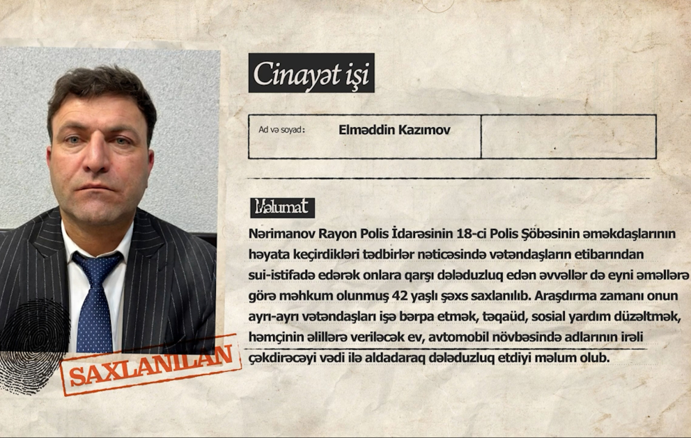 Vətəndaşları işə bərpa etmək, təqaüd, sosial yardım düzəltmək vədi ilə aldadaraq dələduzluq edən şəxs saxlanılıb VİDEO