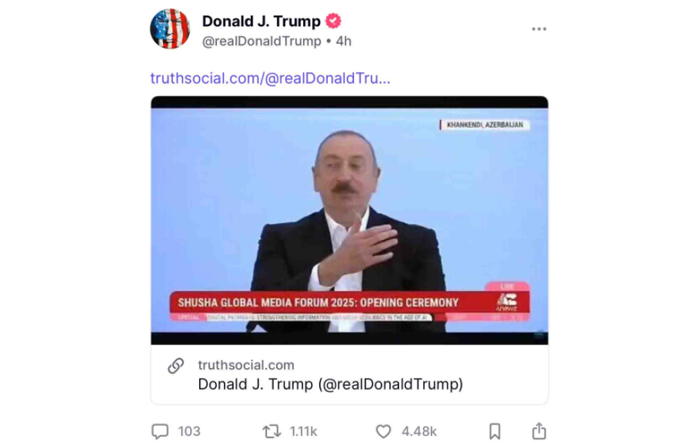 Donald Tramp Prezident İlham Əliyevin Xankəndidəki çıxışından bir hissəni paylaşıb VİDEO