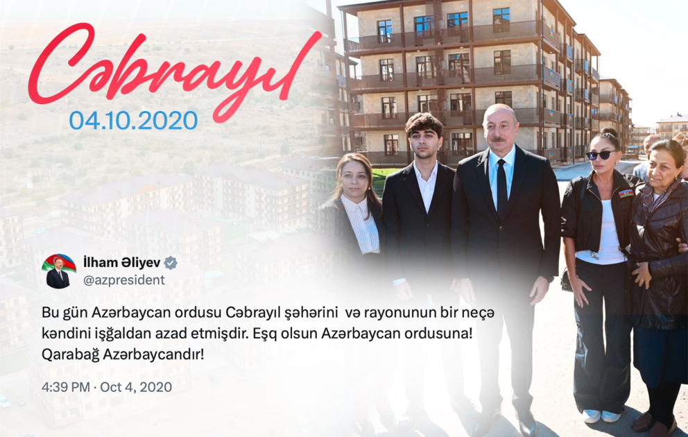 President Ilham Aliyev shared post on anniversary of liberation of Jabrayil city VIDEO