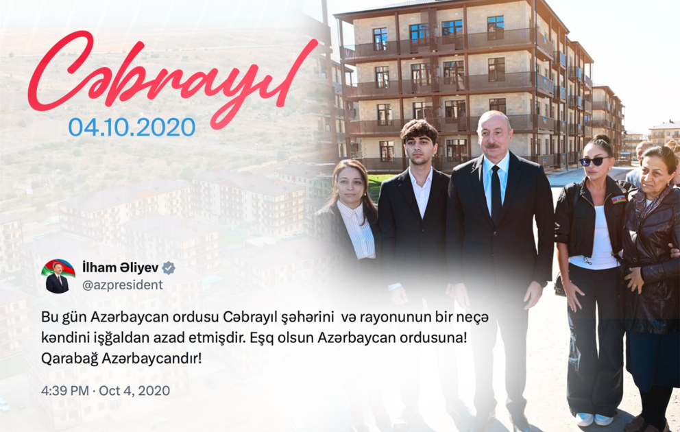Präsident Ilham Aliyev veröffentlicht Beitrag zum fünften Jahrestag der Befreiung der Stadt Jabrayil VIDEO