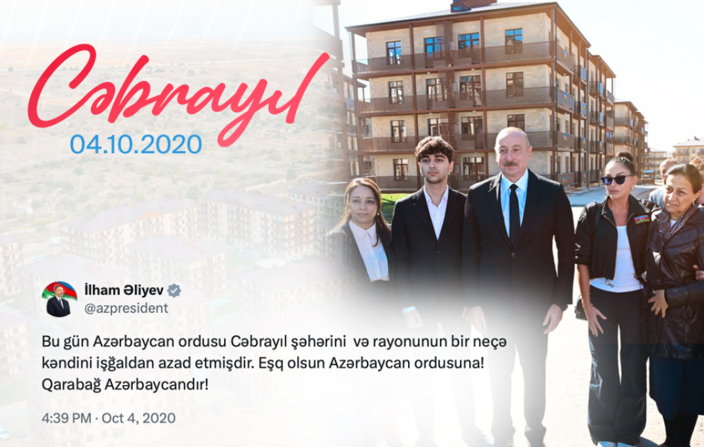 Le président Ilham Aliyev partage une publication relative à la libération de la ville de Djabraïl VIDEO