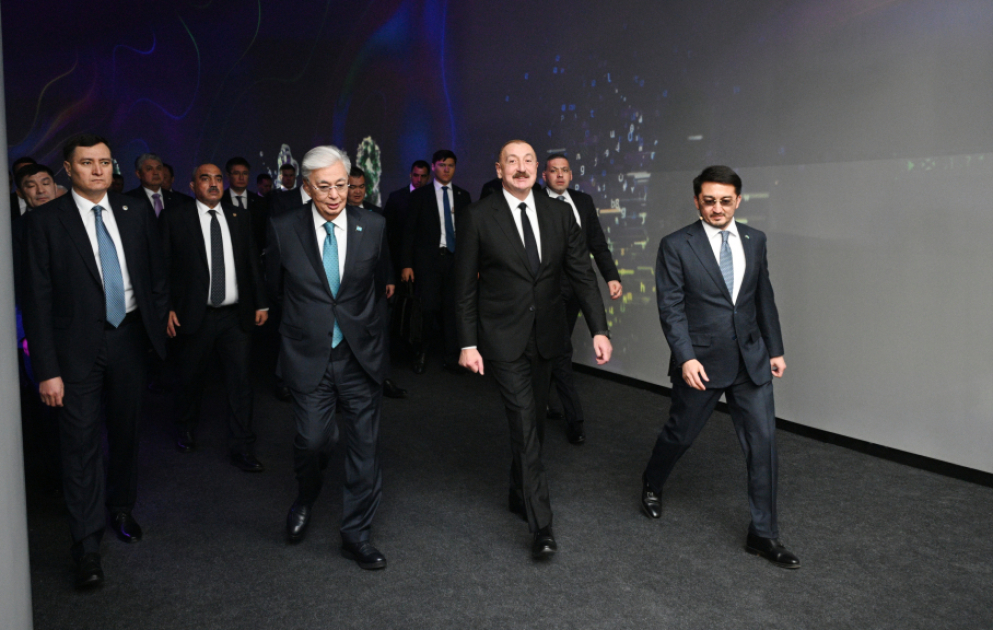 Prezident İlham Əliyev və Prezident Kasım-Jomart Tokayev Astanada “Alem.ai” Beynəlxalq Süni İntellekt Mərkəzində olublar VİDEO