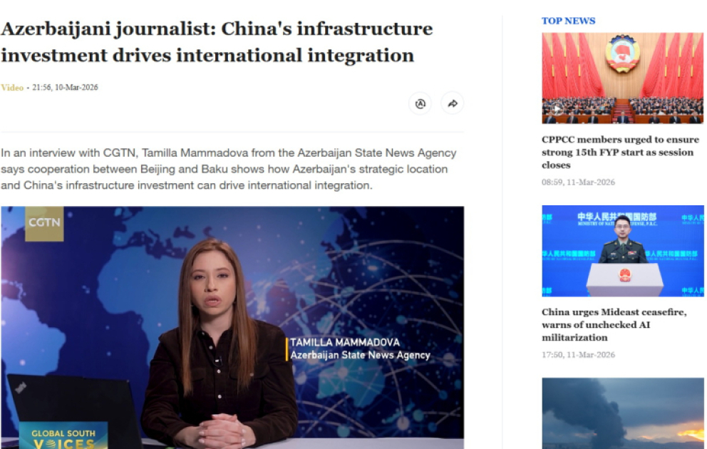 CGTN telekanalı AZƏRTAC-ın müsahibəsi əsasında Azərbaycanın Avrasiya nəqliyyat layihələrində rolunu işıqlandırıb VİDEO